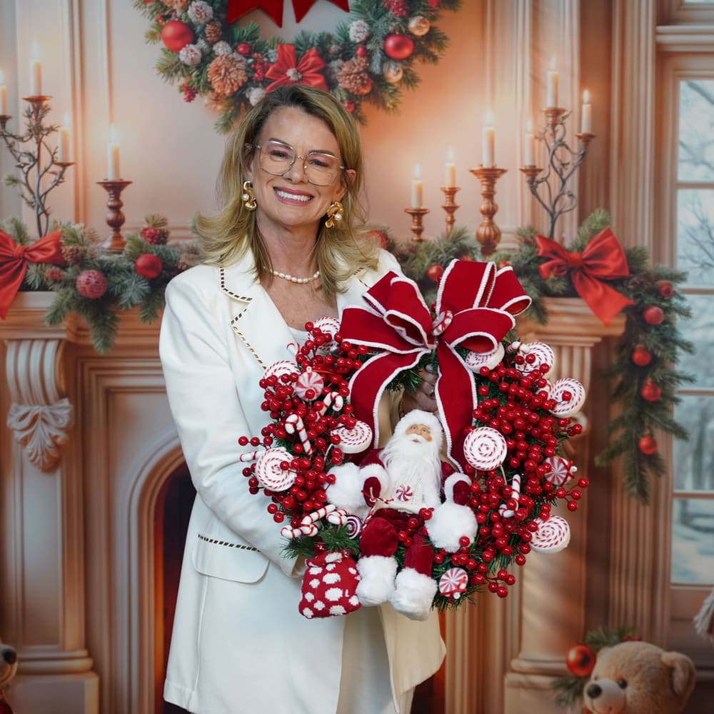 Rose segurando uma guirlanda artesanal vermelha e branca com enfeites de Papai Noel, diante de uma lareira decorada.